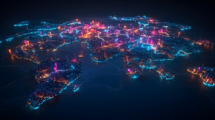Glowing City Lights on Abstract World Map Digital Rendering