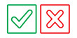 © ManjuRani - Check mark icon button set. Check box icon with right and wrong buttons and yes or no checkmark icons in green tick box and red cross.