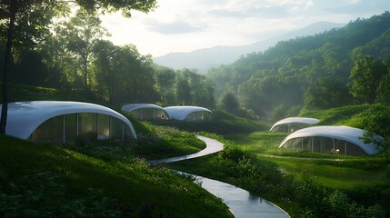 Aufkleber - Modern eco-friendly homes nestled in a lush green landscape with gentle hills and a winding pathway.