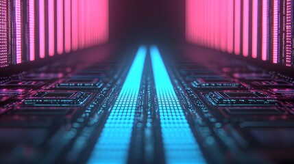 Wall Mural - futuristic circuit board pathway with neon pink and blue lights abstract technology background