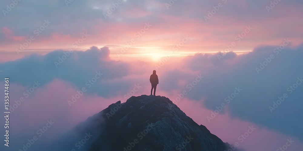 Solitary figure stands atop a majestic mountain peak, overlooking a ...