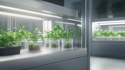 Poster - Indoor garden with plants in containers and modern lighting design.