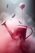 © Banci - Surreal red watering can with pink balloon and smoke.
