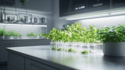 Aufkleber - A modern workspace featuring vibrant plants in glass containers, illuminated for optimal growth.