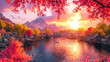 © best - Autumn Sunset over Lakeside Village in Mountains