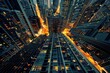 © Dominika - A dramatic aerial view of a bustling cityscape, showcasing tall skyscrapers and vibrant city lights at dusk.