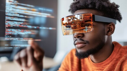 Programmer using futuristic glasses to code.  Innovative technology, future of programming, digital innovation, augmented reality for developers.