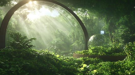Leinwandbilder - Lush green environment with sunlight filtering through an arch, creating a serene atmosphere.