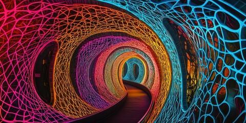 Wall Mural - a sci-fi tunnel made of interconnected neon lines in a geometric pattern