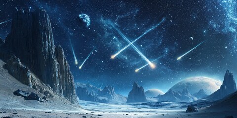 Wall Mural - a sci-fi-inspired space scene featuring meteors passing by an alien world