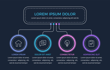 Wall Mural - Minimalistic flow chart infographic template with 4 elements, dark background, vector eps10 illustration