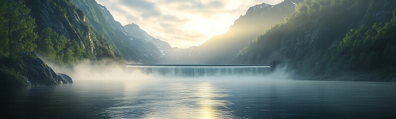 Poster - A serene landscape with a bridge over a misty lake, surrounded by mountains and soft sunlight.