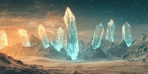 Wall Mural - A surreal sci-fi desert landscape with glowing crystals emerging from the sand