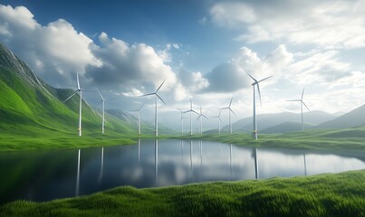 Poster - Wind turbines reflect in a tranquil lake, surrounded by lush green mountains under a cloudy sky.