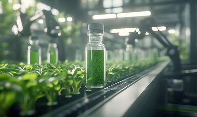Poster - A glass bottle sits on a conveyor belt amidst vibrant, growing plants in a greenhouse setting.