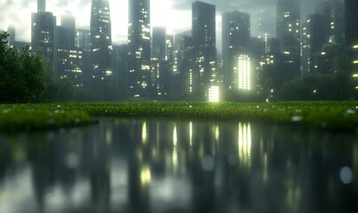 Aufkleber - Futuristic cityscape reflected in water with greenery and bubbles, creating a serene atmosphere.