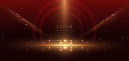 Wall Mural - abstract elegant gold glowing line with lighting effect sparkle on red background. template premium 
