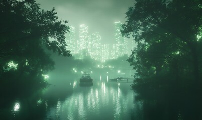 Poster - Misty green landscape with reflections on water, framed by trees and a hint of a city skyline.