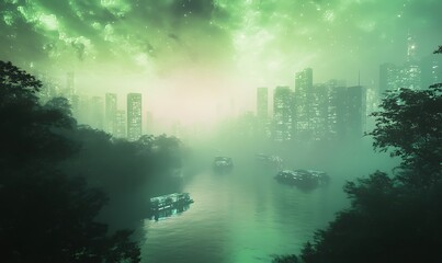 Poster - Misty urban landscape with green hues reflecting on water, showcasing buildings in the background.