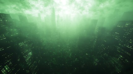 Poster - A surreal underwater cityscape bathed in green light, creating an eerie atmosphere.