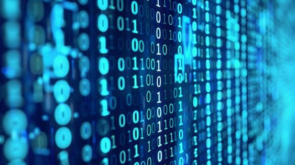 Close-up of a glowing shield icon on a digital screen, symbolizing cybersecurity and protection, with binary code and network connections in the background. Digital security,data protection concept