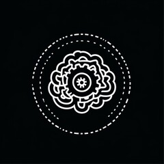 Leinwandbilder - Brain and Gear Icon in White Outline, Isolated on a Black Background Within a Dotted Circular Frame