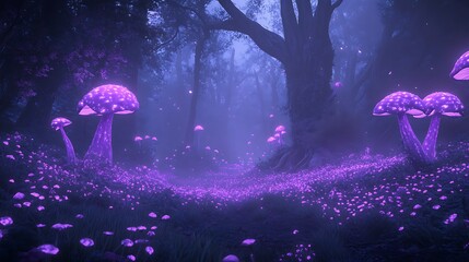 Aufkleber - Mysterious forest scene with glowing mushrooms and ethereal atmosphere.