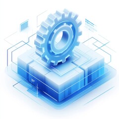Fototapete - Futuristic Blue Tech: Gear on Platform with Data Visualization, representing innovation, automation and interconnected systems.