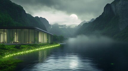 Aufkleber - Modern structure by a serene lake surrounded by misty mountains under a cloudy sky.