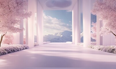 Aufkleber - Serene architectural space with tall pillars and a scenic view of clouds and mountains.