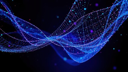 cyber particles dots futuristic 3D network of glowing data waves and interconnected nodes, visualizing blockchain, AI, and global databases in a dynamic, neon-infused cyber landscape.
