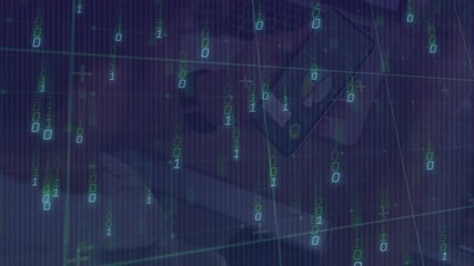 Wall Mural - animation of binary code and math symbols overlaying abstract geometric shapes