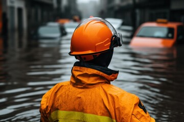Poster - Climate Resilience in Action Next-Gen Emergency Response Worker Navigating Urban Flood Crisis with Advanced Safety Gear and Unwavering Professionalism