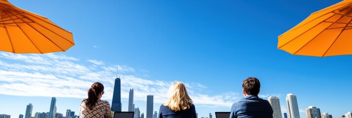 Aufkleber - Hybrid Workspace Revolution Flexible Outdoor Rooftop Collaboration with Diverse Professionals Embracing Urban Skyline Productivity and Wellness Design