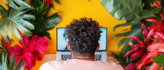 Aufkleber - Tropical Remote Work Revolution Vibrant Biophilic Digital Workspace for Millennial Professionals - Inspiring Hybrid Productivity in Lush, Color-Saturated Home Office Design
