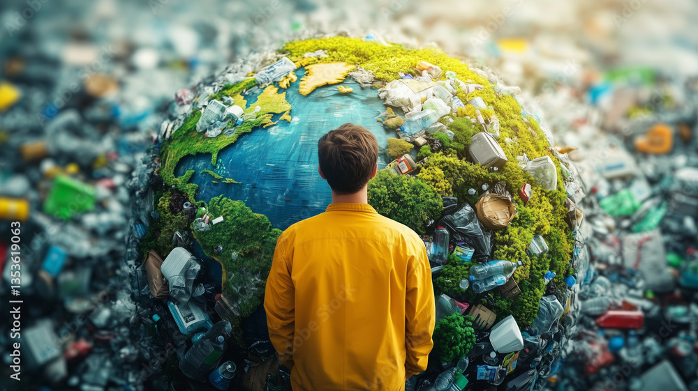 Person Observing Earth Covered In Litter and Pollution Highlighting ...