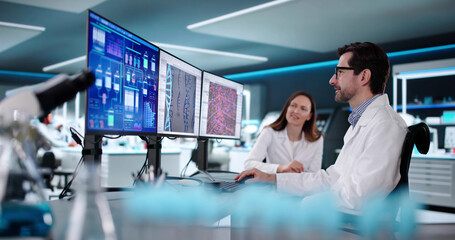 Poster - Female scientist using computer to research biotechnology