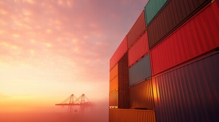 Aufkleber - Global Economic Resilience Sunset-Illuminated Shipping Containers Visualizing US-China Trade Dynamics, Geopolitical Logistics and Emerging Market Transformations