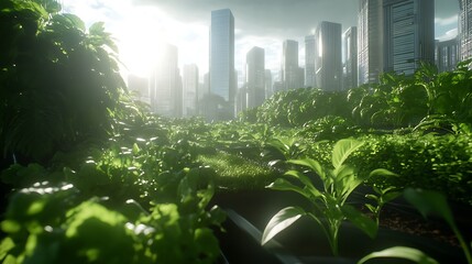 Poster - Futuristic city skyline surrounded by lush greenery and vibrant plants under a bright sky.