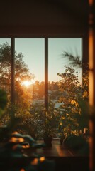Aufkleber - Golden Hour Biophilic Workspace Serene Natural Light Streaming Through Panoramic Windows, Eco-Inspired Wellness Design for Modern Creative Professionals