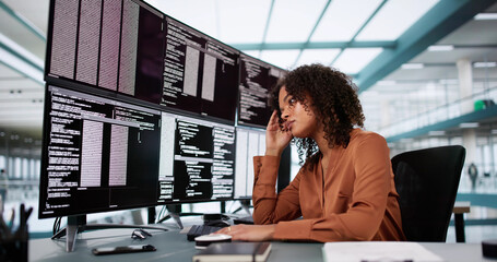 Wall Mural - unhappy sad developer programmer woman in stress coding software