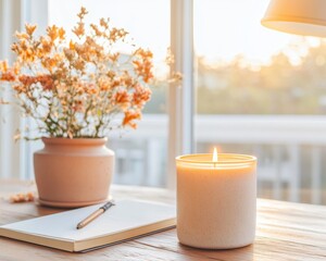 Aufkleber - Serene Mindfulness Workspace Golden Hour Home Office Aesthetic with Soft Candlelight, Dried Florals, and Intentional Productivity Design for Modern Professionals