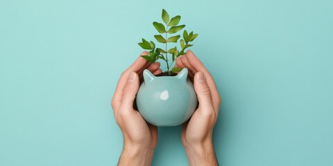 Aufkleber - Sustainable Growth Strategies Minimalist Ceramic Planter with Nurturing Hands, Eco-Conscious Investment Visualization for Modern Financial Wellness