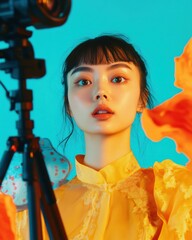 Leinwandbilder - Vibrant Digital Nomad Gen Z Content Creator Unleashing Creative Power in Bold Yellow - Empowering Millennial Entrepreneurship and Modern Visual Storytelling