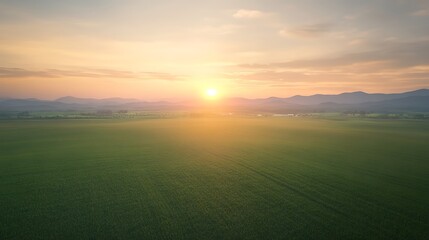 Poster - Vibrant sunset over a peaceful landscape with rolling hills and lush greenery.