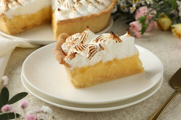 Wall Mural - piece of delicious pie with browned meringue and flowers on light textured table, closeup