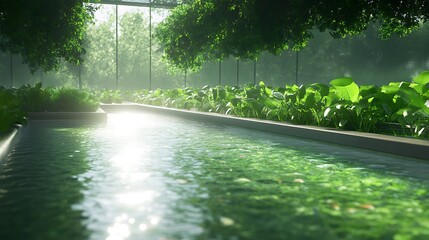 Poster - Tranquil water body surrounded by lush greenery under soft sunlight.