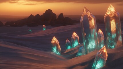 Fototapete - A fantasy-inspired desert with glowing crystals buried in the sand
