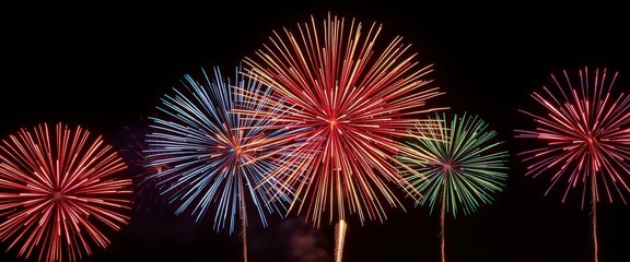 Wall Mural - exploding firework bursts in vibrant red, gold, blue, and green against a black night sky , graphic,