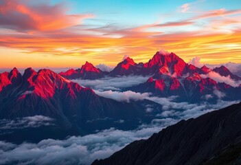 Wall Mural - fiery hues paint peaks, clouds ablaze; ethereal mountain sunset, illustration, high resolution